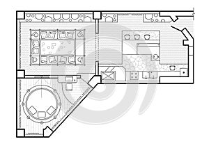 Floor plan, top view. The interior design terrace. The cottage is a covered veranda. Vector