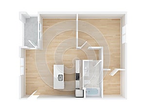 Floor plan top view. One bedroom one bath apartment 3D illustration.