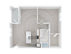 Floor plan top view. One bedroom one bath carpet floor apartment 3D illustration.