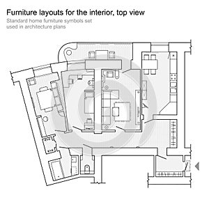 Floor plan - top view plans. Standard home furniture symbols set