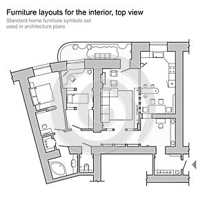Floor plan - top view. Standard home furniture symbols