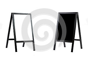 Floor-standing wooden flipcharts with black and white writing surfaces. Isolated on white background. Set, collage.