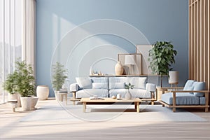 blue wall room interior modern furniture apartment home style sofa design. Generative AI.