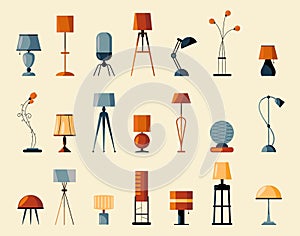 Floor and table lamps. Desk and loft electric light with bulb, room illumination equipment cartoon flat style. Vector