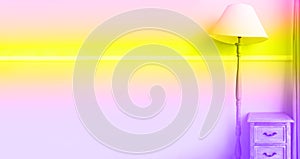 Floor torch lamp, nightstand, curtains in trendy neon colors. Rainbow gradient background with copy space. Banner. Minimalistic