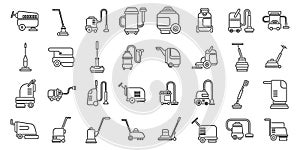 Floor washing machine icons set outline vector. Cleaning staff