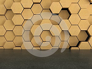 Floor with wooden hexagons pattern on dark wall background
