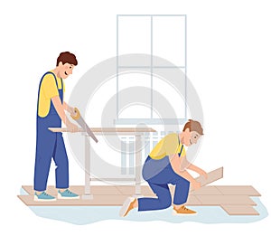 Floor worker man laying wooden panel of laminate Professional contractors installing a floor, they are cutting and