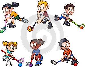 Cartoon boys and girls playing floorball photo