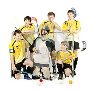 Floorball players and goalkeeper