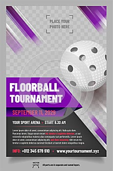 Floorball tournament poster template with ball photo