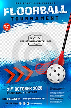 Floorball tournament poster template with ball, stick, arrows and place for your photo photo