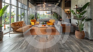 The flooring is a combination of worn naturallooking wood and industrial concrete creating a unique and cohesive blend