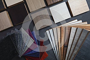 Flooring and furniture material samples for interior design project