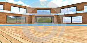 The flooring made of a terrace board in front of a pool in the courtyard of a chic eco -friendly house finished with wood. 3D