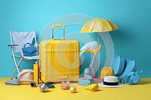 flop blue sunglasses flamingo summer concept background flip yellow travel vacation suitcase. Generative AI.