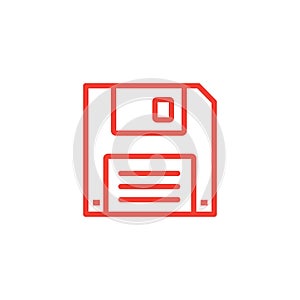 Floppy Disc Line Red Icon On White Background. Red Flat Style Vector Illustration