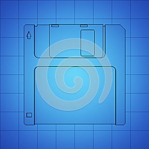 Floppy Disk blue print, thin line illustration, black outline symbol on blue background, 3d rendering