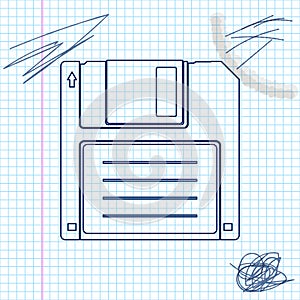 Floppy disk for computer data storage line sketch icon isolated on white background. Diskette sign. Vector Illustration.