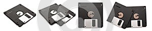 Floppy disk or diskette set from black plastic isolated on white background. Outdated technology. Data storage