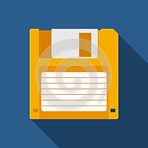 Floppy Disk icon in flat style on blue background with shadow. HD diskette old data media.