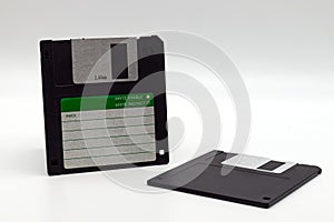 Floppy disk of 1.4 megabytes isolated on white background. Old storage disc for computer photo