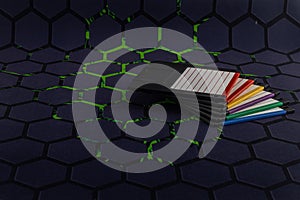 A floppy disk from an old computer placed on a black mouse pad