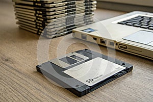 Floppy disk, old 3.5 inch disk for computers. Micro computer, old computer disk. Stack of old floppy disks - generated by ai