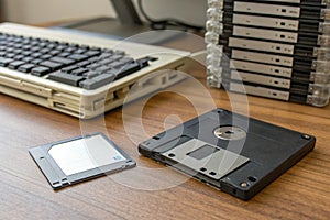Floppy disk, old 3.5 inch disk for computers. Micro computer, old computer disk. Stack of old floppy disks - generated by ai