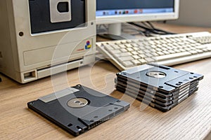 Floppy disk, old 3.5 inch disk for computers. Micro computer, old computer disk. Stack of old floppy disks - generated by ai