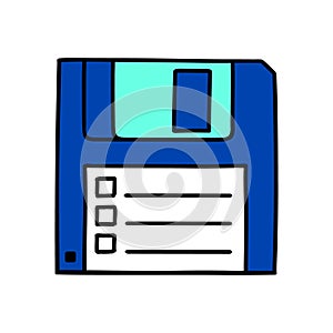 Floppy disk retro doodle element. Nostalgic 1990s disquette illustration. 90s and 00s style hand drawn object