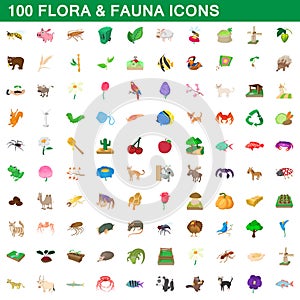 100 flora and fauna icons set, cartoon style