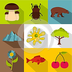 Flora and fauna icons set, flat style