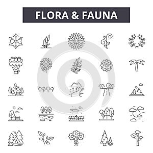Flora and fauna line icons, signs set, vector. Flora and fauna outline concept, illustration: fauna,flora,animal,nature