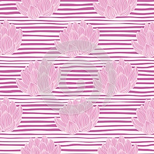FLora nature seamless pattern with outline contoured lotus flower elements. Striped background. Decor print