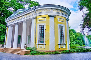 Flora Pavilion and the large lake called Ionian Sea in Sofiyivsky Park in Uman, Ukraine