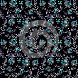 Flora seamless pattern, cute cartoon flowers black background