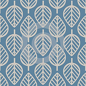 Beige and blue leaves pattern. Floral decorative design seamless background.