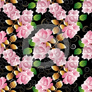 Floral 3d roses seamless pattern. Vector black background wallpaper illustration with vintage pink 3d roses flowers, gold green l