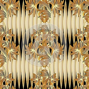 Floral 3d seamless pattern. Vector gold black background with do