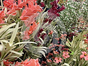 floral abstract background pinks and reds with green foliage