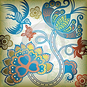 Floral Abstract with Bird