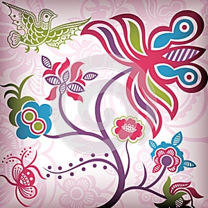 Floral Abstract with Bird