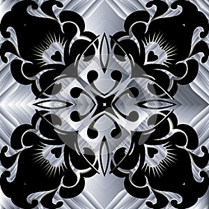 Floral abstract black vector seamless pattern. Silver textured ornamental background. Geometric surface repeat backdrop