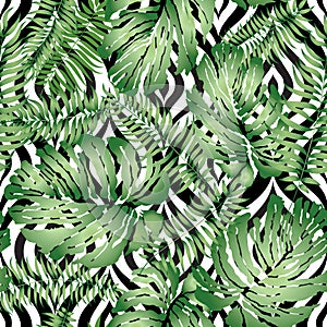 Floral abstract geomtric tiled pattern. Tropical palm leaves sea