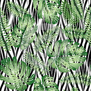 Floral abstract geomtric tiled pattern. Tropical palm leaves sea