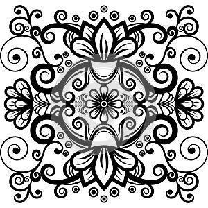 Floral abstract ornament, black and white pattern, monochrome ethnic tracery, hand drawing, coloring. Ornate decorative element
