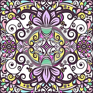 Floral abstract ornament, bright colorful pastel pattern, multicolored background, ethnic tracery, hand drawing. Ornate decorative