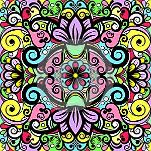 Floral abstract ornament, bright colorful pattern, multicolored background, ethnic tracery, hand drawing. Ornate decoration with