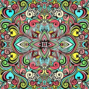 Floral abstract ornament, bright colorful pattern, multicolored background, ethnic tracery, hand drawing. Ornate decoration with